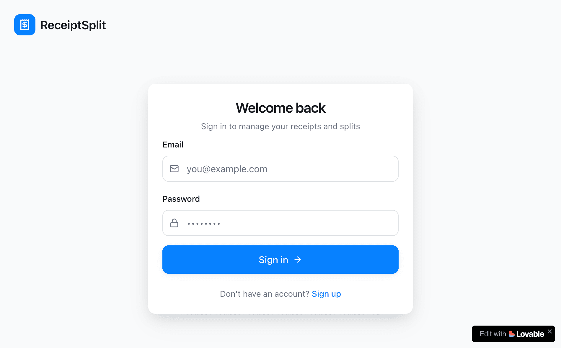 ReceiptSplit authentication page